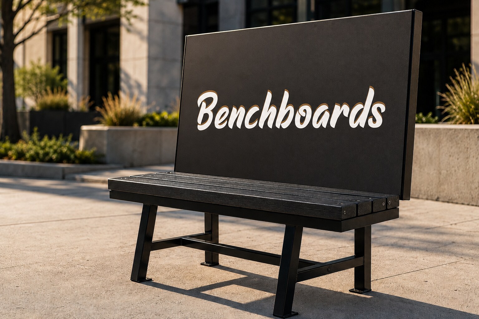 Black Benchboards advertising bench in a modern plaza